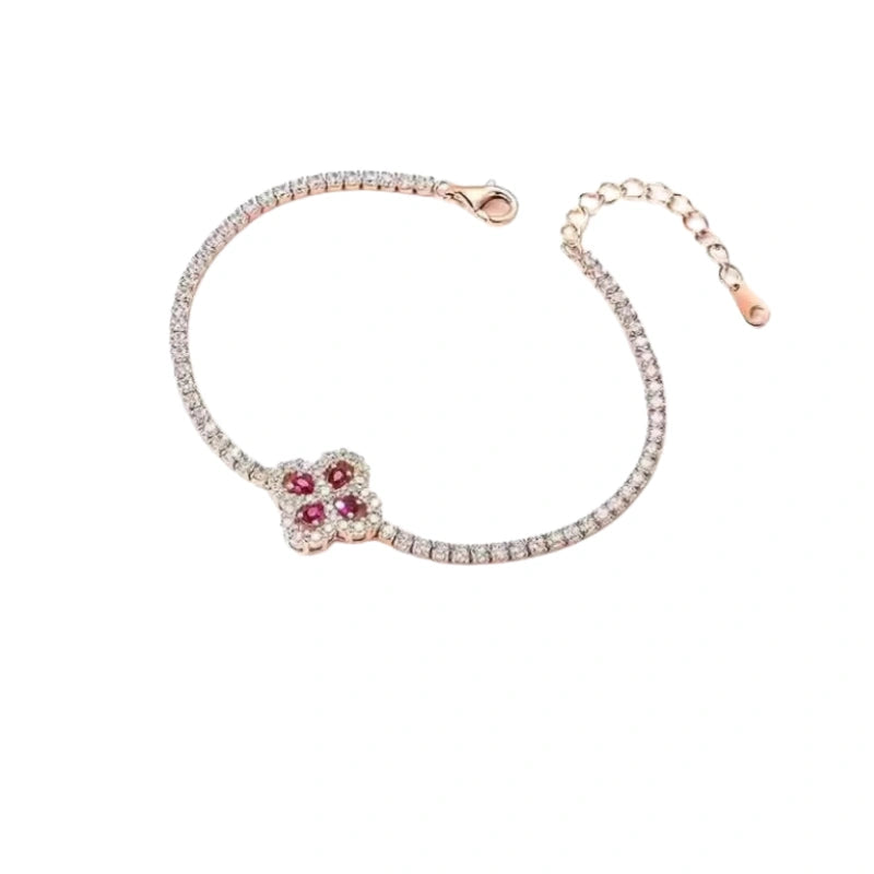 18K Solid Gold Women's Classic Lucky Four-Leaf Clover Link Bracelet with Ruby and Lab-Grown Diamonds