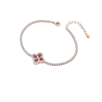 18K Solid Gold Women's Classic Lucky Four-Leaf Clover Link Bracelet with Ruby and Lab-Grown Diamonds