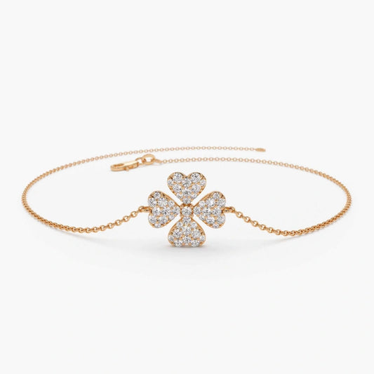 Luxurious 14K Gold Lab-Grown Diamond Clover Charm Bracelet — Fine Jewelry Featuring Small Round Lab-Grown Diamonds in a Clover Design