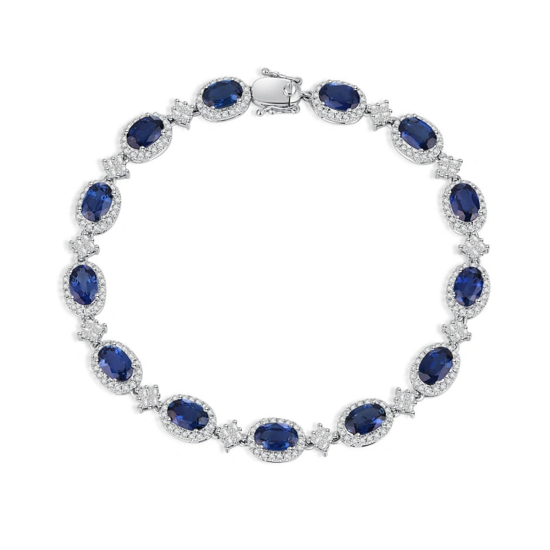 Custom 18K Real Gold Tennis Bracelet with Premium Blue Sapphires and Lab-Grown Diamonds — Anniversary Gift for Girlfriend
