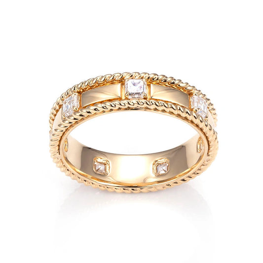 Fine Jewelry Ring: 18K Gold Wedding & Engagement Ring — Eternity Ring Set with Cushion-Cut Lab-Grown Diamonds