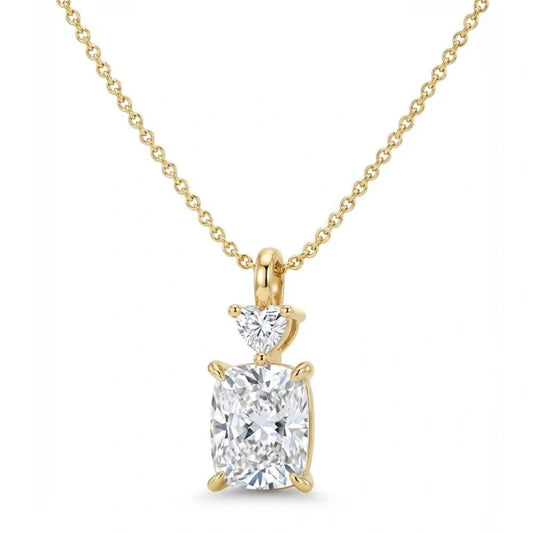 Best-Selling 18K Solid Gold Cushion-Cut Lab-Grown Diamond Pendant Necklace with Heart Accent — Ideal for Engagement & Anniversary Gifts