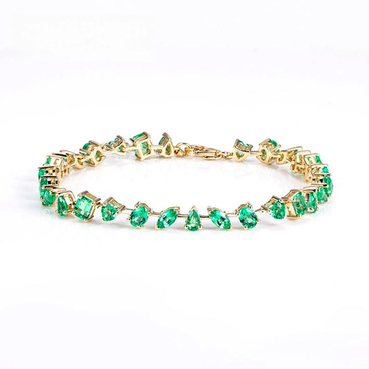 18K Solid Gold Lab-Grown Emerald & Diamond Chain Bracelet — Fancy-Cut "Kassik" Tennis Bracelet — Engagement Gift for Women