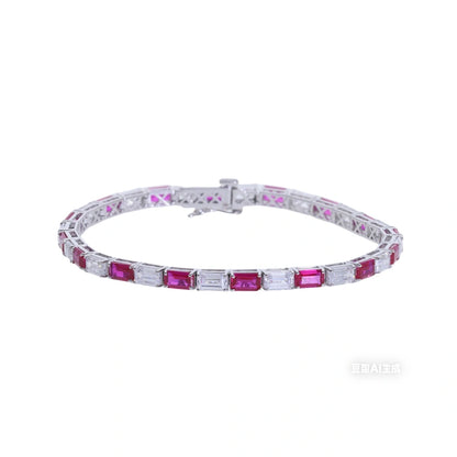 18K Solid Gold Lab-Grown Diamond & Emerald Classic Rhodium-Plated Bracelet — 9.6g Women's Luxury Fine Jewelry