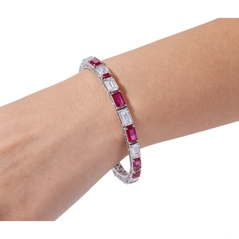 18K Solid Gold Lab-Grown Diamond & Emerald Classic Rhodium-Plated Bracelet — 9.6g Women's Luxury Fine Jewelry