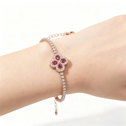 18K Solid Gold Women's Classic Lucky Four-Leaf Clover Link Bracelet with Ruby and Lab-Grown Diamonds