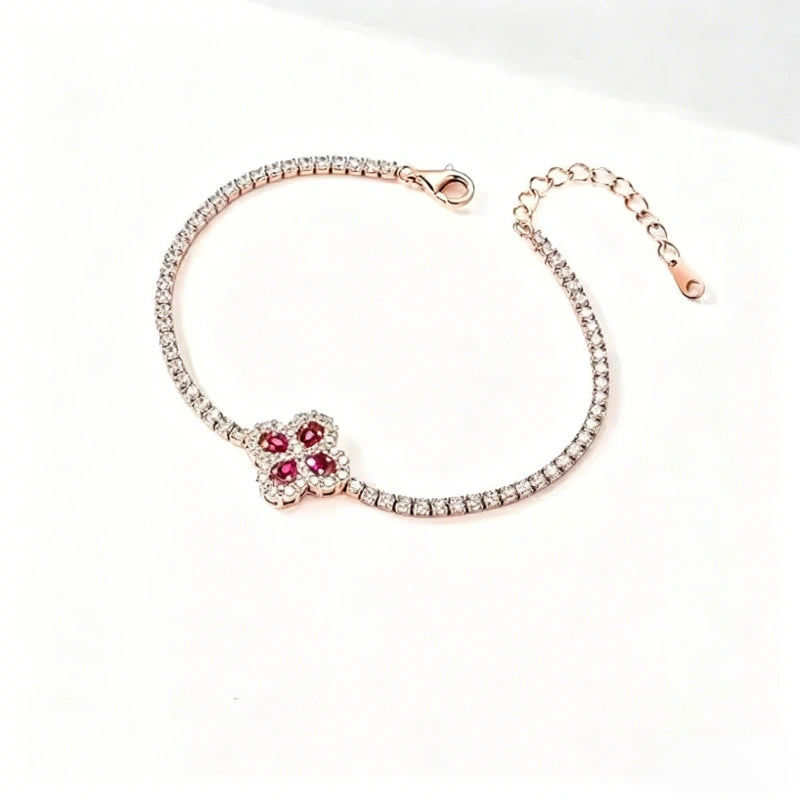 18K Solid Gold Women's Classic Lucky Four-Leaf Clover Link Bracelet with Ruby and Lab-Grown Diamonds