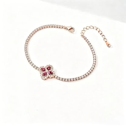 18K Solid Gold Women's Classic Lucky Four-Leaf Clover Link Bracelet with Ruby and Lab-Grown Diamonds