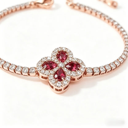 18K Solid Gold Women's Classic Lucky Four-Leaf Clover Link Bracelet with Ruby and Lab-Grown Diamonds
