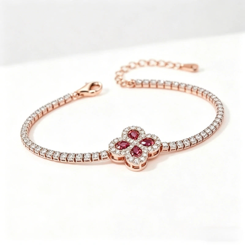18K Solid Gold Women's Classic Lucky Four-Leaf Clover Link Bracelet with Ruby and Lab-Grown Diamonds