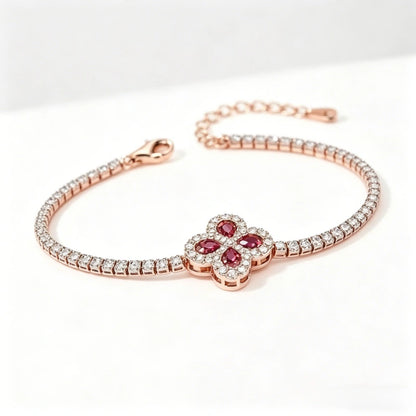 18K Solid Gold Women's Classic Lucky Four-Leaf Clover Link Bracelet with Ruby and Lab-Grown Diamonds