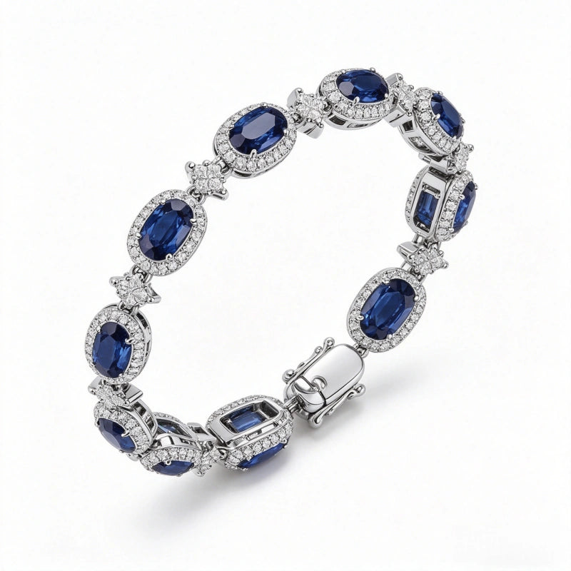 Custom 18K Real Gold Tennis Bracelet with Premium Blue Sapphires and Lab-Grown Diamonds — Anniversary Gift for Girlfriend