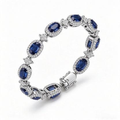 Custom 18K Real Gold Tennis Bracelet with Premium Blue Sapphires and Lab-Grown Diamonds — Anniversary Gift for Girlfriend