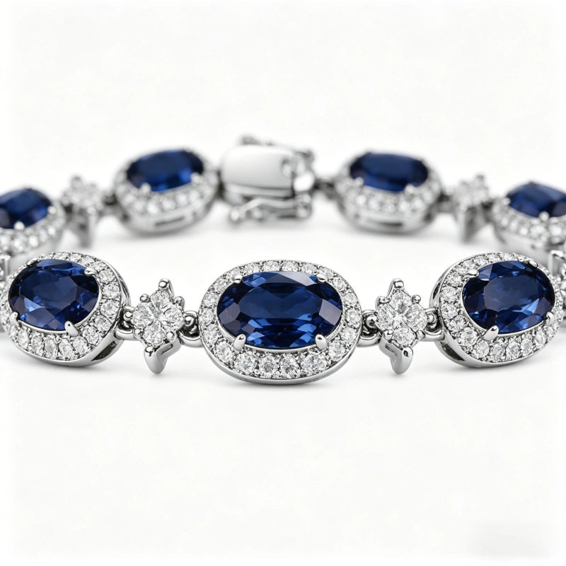 Custom 18K Real Gold Tennis Bracelet with Premium Blue Sapphires and Lab-Grown Diamonds — Anniversary Gift for Girlfriend