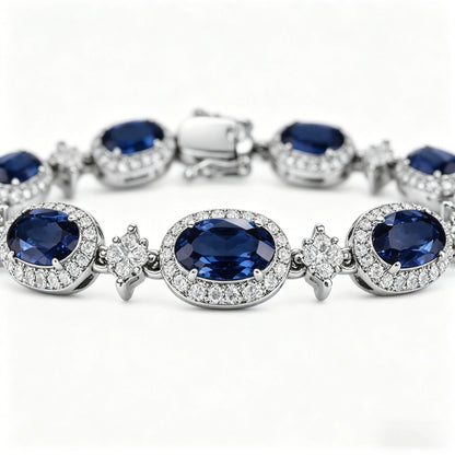 Custom 18K Real Gold Tennis Bracelet with Premium Blue Sapphires and Lab-Grown Diamonds — Anniversary Gift for Girlfriend
