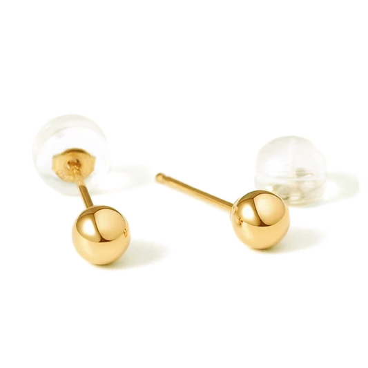 Classic minimalist 18K gold ball stud earrings; available in 3mm, 4mm, and 5mm diameters.
