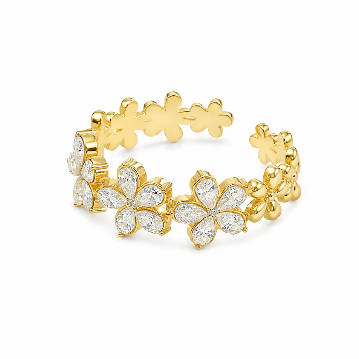 Stainless Steel Open Bangle with Four-Petal Flower Motif