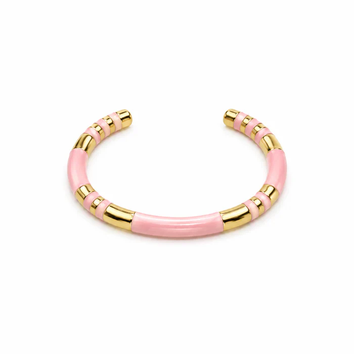 Pink stainless steel and enamel open-cuff bracelet with gold stripes