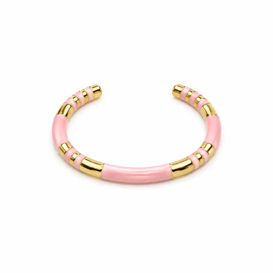Pink stainless steel and enamel open-cuff bracelet with gold stripes