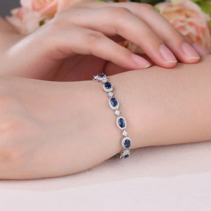 Custom 18K Real Gold Tennis Bracelet with Premium Blue Sapphires and Lab-Grown Diamonds — Anniversary Gift for Girlfriend